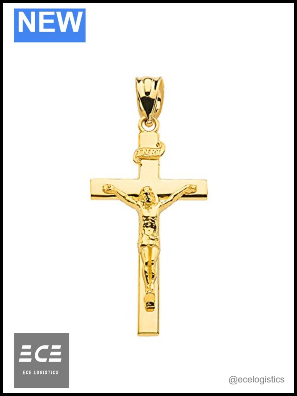 Solid 14K Yellow Gold Cross INRI Crucifix Pendant Charm 1.6"